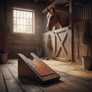 Vintage Wooden Western Boot Jack with Tooled Leather Inlay To Pull Boots Off